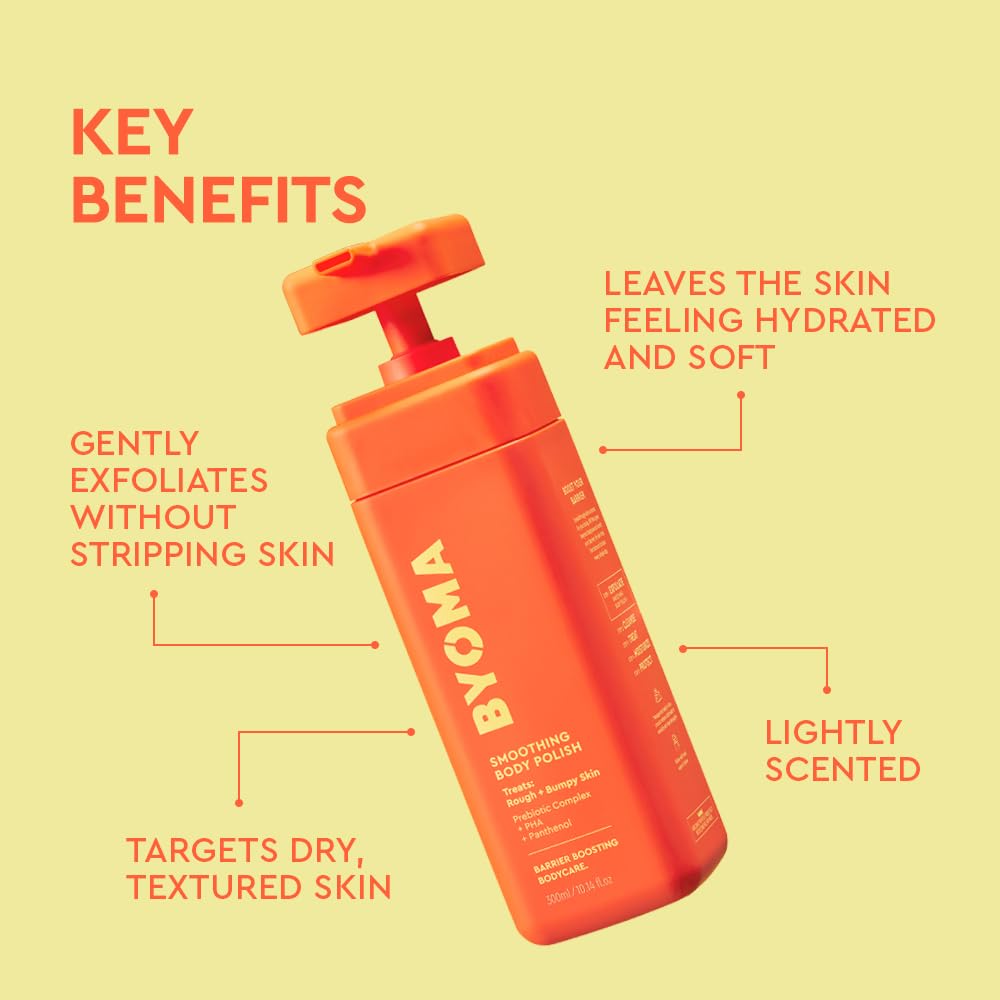 BYOMA Smoothing Body Polish - For Breakouts & Textured Skin - Exfoliating Body Scrub with PHA & Panthenol - Restores Skin Barrier & Soothes Inflammation - 10.14 fl oz