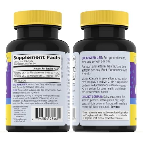 InnovixLabs Full Spectrum Vitamin K2-90 Softgels with 600 mcg of Trans Form MK7 and MK4 - Supports General Health and Bone Strength - Soy and Gluten Free K2 Vitamin Supplement