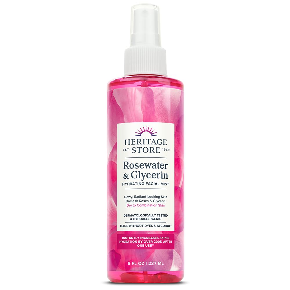 HERITAGE STORE Rosewater & Glycerin Hydrating Facial Mist - Dry Combination Skin Care - Rose Water Spray w/ Vegetable Glycerine, Made Without Dyes or Alcohol, Hypoallergenic, Vegan, Cruelty Free, 8oz