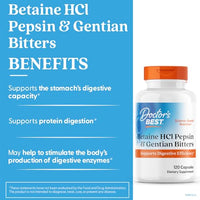 Thumbnail for Doctor's Best Betaine HCI Pepsin & Gentian Bitters, Digestive Enzymes for Protein Breakdown & Absorption, Non-GMO, Gluten Free, 120 Caps, Original Version