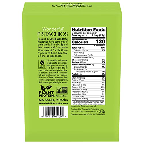 Wonderful Pistachios No Shells, Roasted & Salted Nuts, 0.75 Ounce Bag (Pack of 9), Protein Snacks, Gluten Free, On-the-Go, Individually Wrapped Snacks