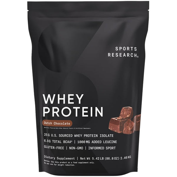 Sports Research Whey Protein - Sports Nutrition Whey Isolate Protein Powder for Lean Muscle Building & Workout Recovery - 5 lb Bag Bulk Protein Powder 25g per Serving - Dutch Chocolate, 60 Servings