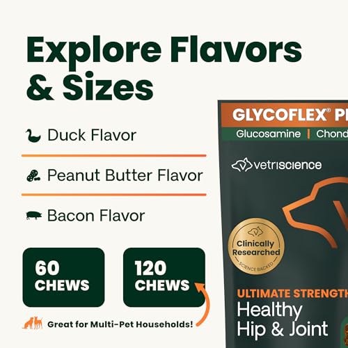 VetriScience Ultimate Strength Healthy Hip & Joint Chews, GlycoFlex Glucosamine, Chondroitin and Green-Lipped Mussel Joint Support Supplement for Dogs, Soothe Joint Discomfort, Duck, 60 Count