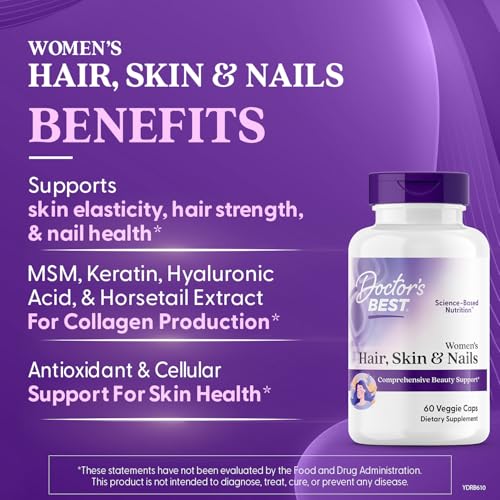 Doctors Best Womens Hair, Skin & Nails with OptiMSM + KeraGLO, Comprehensive Beauty Support, Non-GMO, Gluten Free 60 Veggie Caps