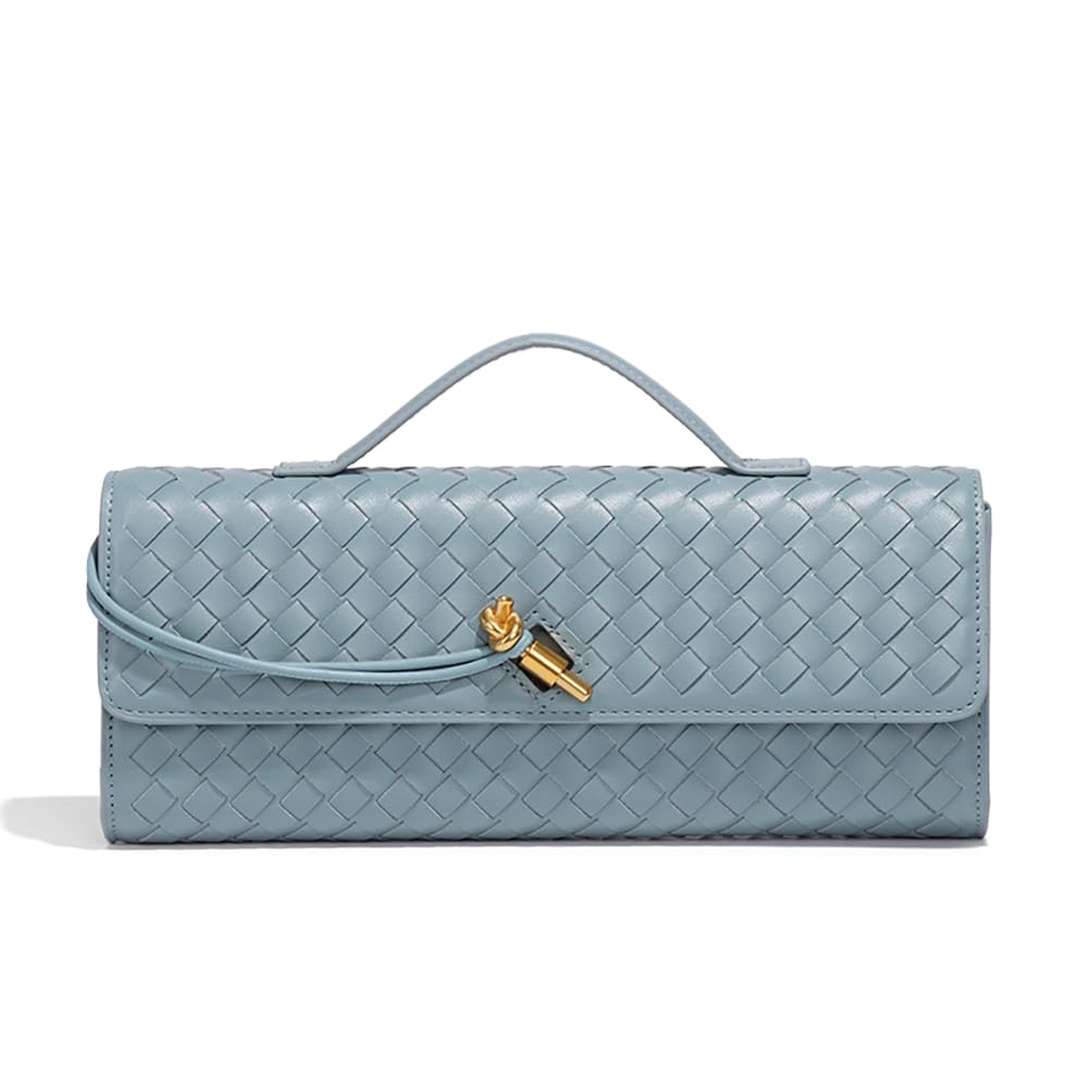 Covelin Women's Handmade Woven Evening Bag Leather Shoulder Clutch Handbag Fashion Crossbody Purse Light Blue