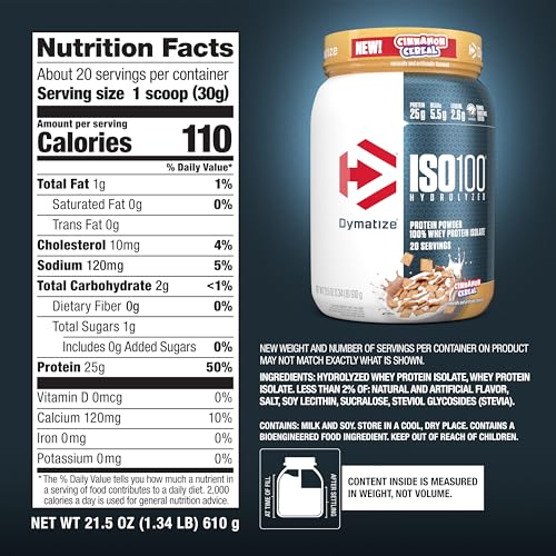 Dymatize ISO100 Whey Protein Powder Isolate, Cinnamon Cereal, 25g of Protein, 5.5g BCAAs, Less Than 120 Cal., Gluten Free, 1g Fat, 1g Sugar, 2g Carb (20 Servings)