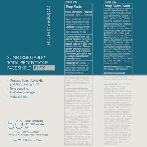 Colorescience 50 to 70 SPF Total Protection Face Shield Flex SPF 50, Zinc Oxide Formula, Tan, 1.8 fl. oz.