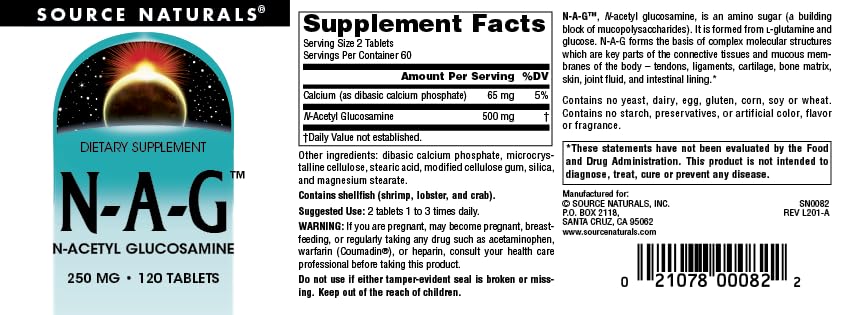 Source Naturals N-A-G 250 mg N-Acetyl Glucosamine for Joint Support and Intestinal Lining - 120 Tablets