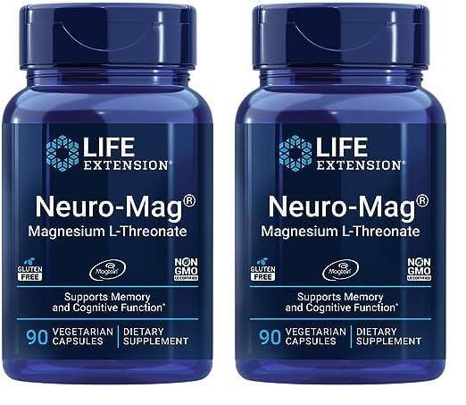 Life Extension Neuro-mag Magnesium L-threonate, Magnesium L-threonate, Brain Health, Memory & Attention, Gluten Free, Vegetarian, Non-GMO, 90 Vegetarian Capsules (Pack of 2)