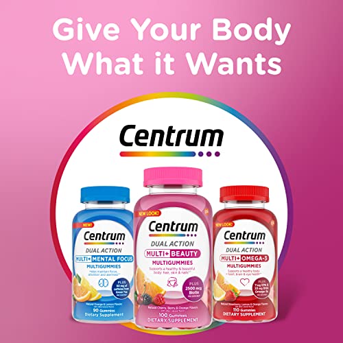 Centrum MultiGummies Multi+ Beauty Dual Action Multivitamin, Specially Designed with Biotin for Healthy Hair, Skin and Nails, Cherry/Berry/Orange Flavors - 100 Count