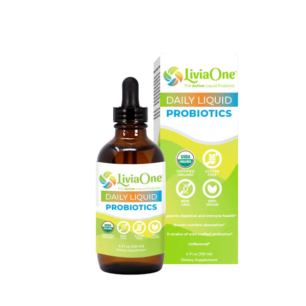LiviaOne Daily Liquid Probiotics, USDA-Certified Organic, Allergen- and Gluten-Free Vegan Probiotic for Women and Men, Non-GMO and Raw, 4 Fl Oz, Pack of 1
