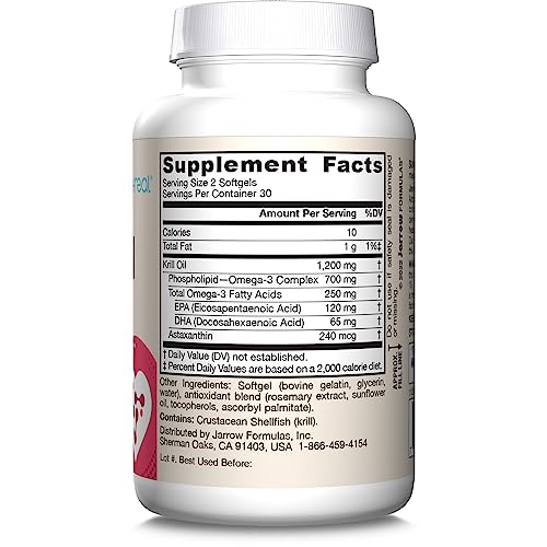 Jarrow Formulas Krill Oil - Phospholipid Omega-3 Complex with Astaxanthin - 60 Softgels - 30 Servings - Supports Lipid Management, Metabolism, Brain & Heart Health - EPA & DHA - Gluten Free - Non-GMO