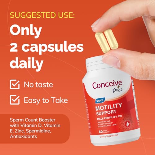 CONCEIVE PLUS Motility Boost for Men - Sperm Count Booster with Vitamin D, Vitamin E, Zinc, Spermidine, Antioxidants - Sperm Count, Sperm Motility - Multivitamin Supplement for Men Sperm - 60 Caps