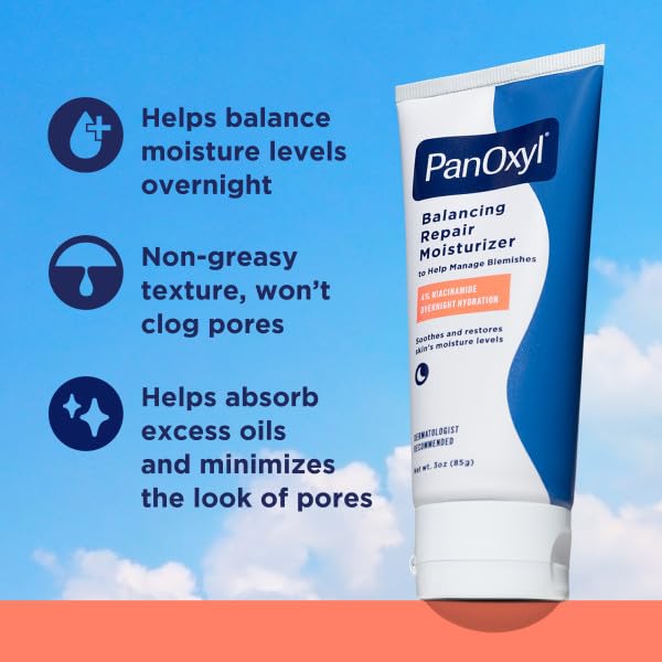 Bundle of PanOxyl Acne Foaming Wash Benzoyl Peroxide 10% Maximum Strength Antimicrobial, 5.5 Oz + PanOxyl PM Balancing Repair Moisturizer with Niacinamide, Ceramides and Cica, 3 oz