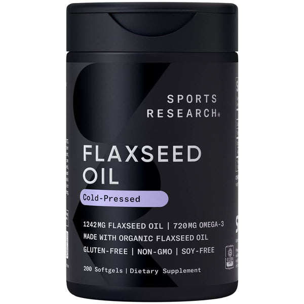 Sports Research Organic Flaxseed Oil Softgels 1242mg - Plant Based Omega 3 Supplement with 720mg ALA for Women & Men - Non-GMO, Soy & Gluten Free (200 Count)