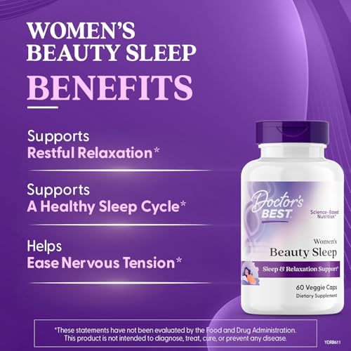 Doctors Best Womens Beauty Sleep with Magnesium, Theanine, Melatonin, Sleep & Relaxation Support, Non-GMO, Gluten Free, Soy Free, Vegan 60 Veggie Caps