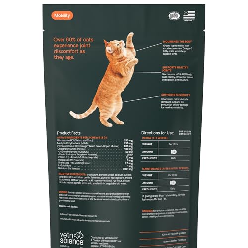VetriScience Ultimate Strength Healthy Hip & Joint Chews, GlycoFlex Glucosamine, Chondroitin and Green-Lipped Mussel Joint Supplement for Cats, Soothe Joint Discomfort, Fish, 30 Count