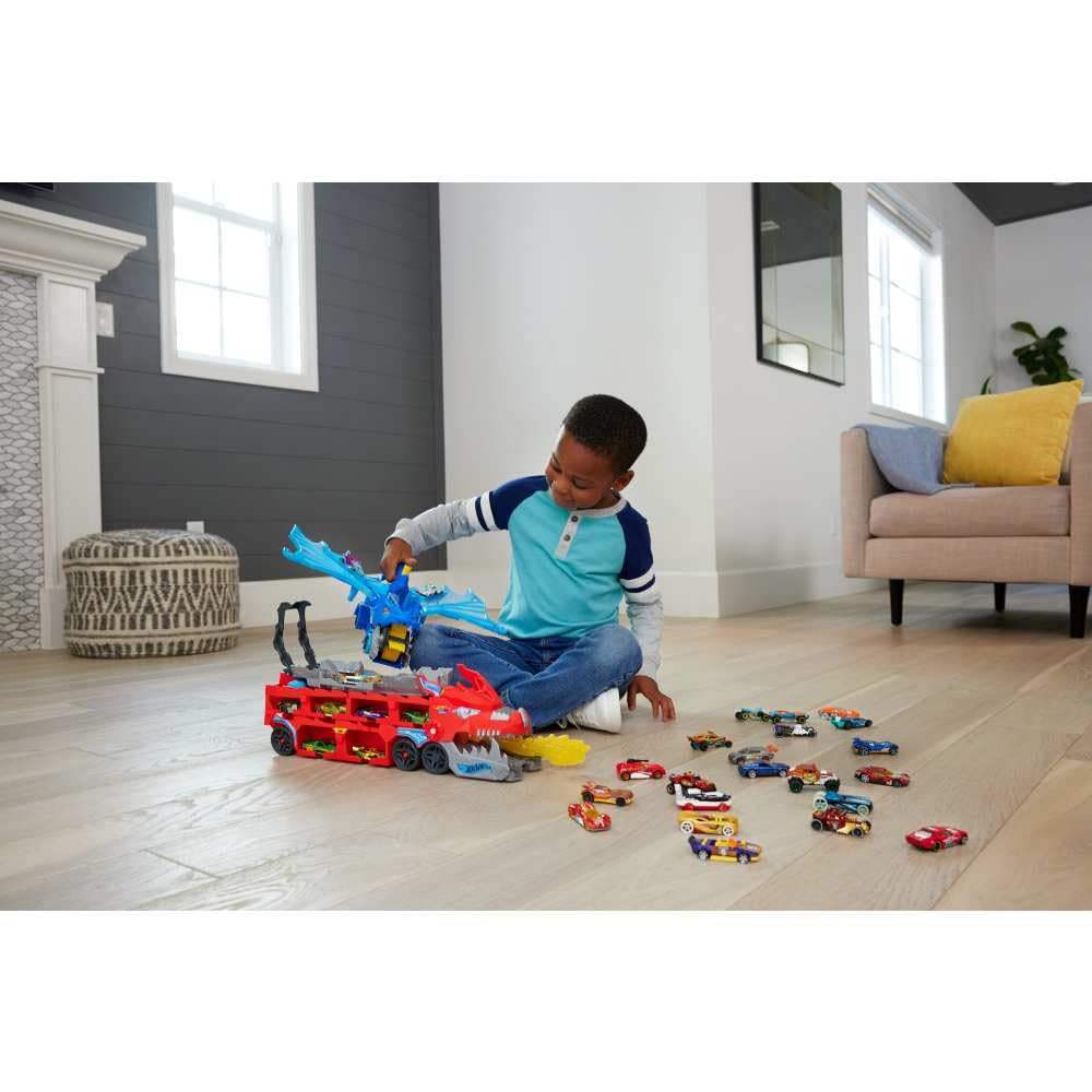 Hot Wheels City Toy Car Track Set, Ultimate Dual Dragon Transporter & 2 Die-Cast Cars, Large-Scale & Detachable Dragon, Stores 20+ Vehicles