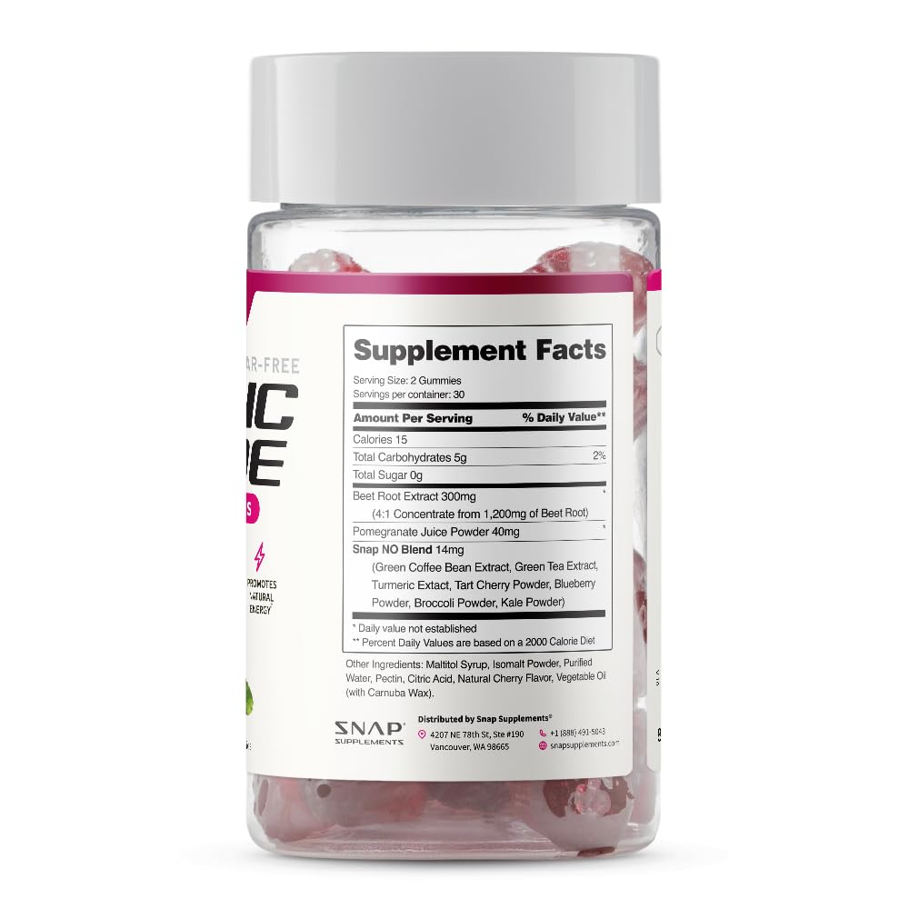 Snap Supplements Nitric Oxide Gummies - Beet Root Extract 300mg, Sugar Free Beetroot Supplement with Pomegranate Powder for Circulation & Natural Energy, 60 Vegan Gummies (2-Pack), Cherry Flavor