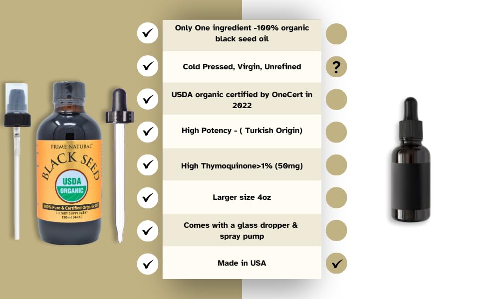 Prime Natural Organic Black Seed Oil 4oz - Cold Pressed Unrefined High Thymoquinone 1.7% USDA Certified - Turkish Origin Potent Nigella Sativa Liquid - Vegan Omega 3 6 9, Antioxidant