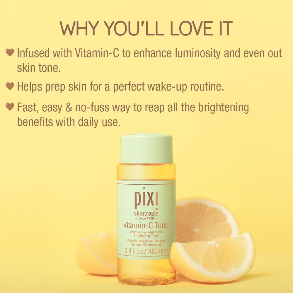 Pixi Vitamin-C Tonic,Brightening & Soothing Facial Toner, Boost Skin Luminosity, Infused with Vitamin-C & Ferulic Acid, Alcohol Free Daily Toner, 100ml / 3.4fl oz Travel Size Skin Care