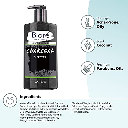 Bioré Men's Skincare Charcoal Face Wash, Deep Cleans Pores & Refreshes Skin, 6.77 Fl. Ounces