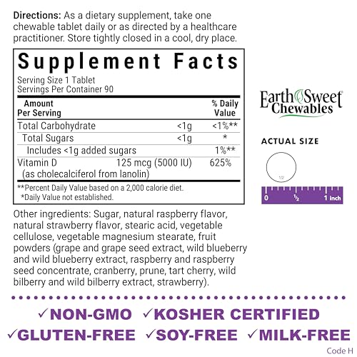 Bluebonnet Nutrition Earth Sweet Vitamin D3 5000 IU Chewable Tablets, Aids in Muscle & Skeletal Growth, Non GMO, Gluten & Soy & Milk Free, Kosher, Raspberry, White, 90 Count