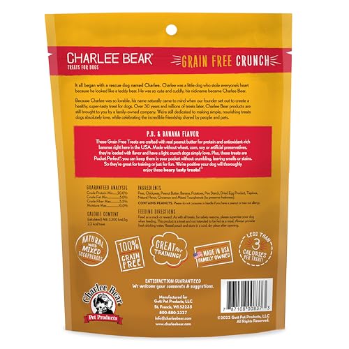 Charlee Bear Crunch Grain Free Dog Treats, Peanut Butter and Banana, 8 Ounce Resealable Bag, Low Calorie Training Treats for Dogs, Limited Ingredient, Healthy, Crunchy Dog Snacks, Made in USA