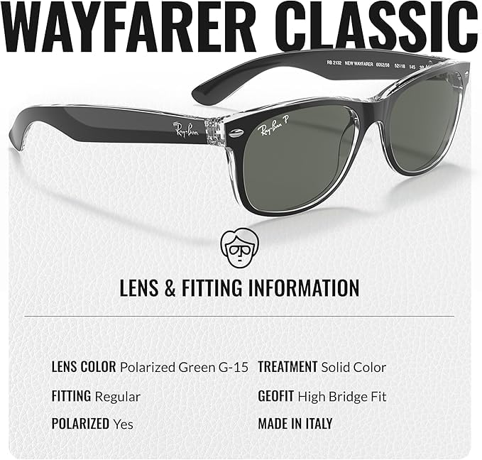 Ray-Ban RB2132 NEW WAYFARER CLASSIC POLARIZED Square Shaped Sunglasses for Men & Women – Includes Official Rayban Eyewear Kit – Ideal Formal & Casual Wear Sunglasses – Green Classic G-15 Lens