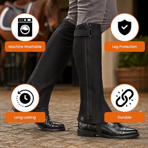 Image 12 of Half Chaps Amara Equestrian Women, Men, Synthetic Leather Zip-Up Pair English Riding Unisex Black Leather Half Chaps