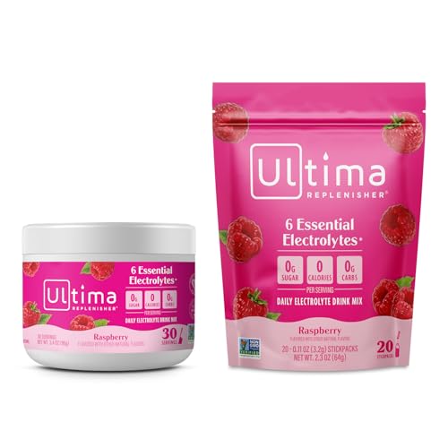 Image 1 of Default Title for the product Ultima Replenisher Electrolyte Powder Drink Mix Bundle ? Sugar Free ? Rasberry, 30 Serving Canister and 20 Stickpacks ? 6 Electrolytes and Minerals ? Keto Friendly, Vegan, Non-GMO