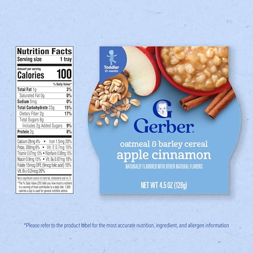 Image 2 of Gerber Oatmeal and Barley Apple Cinnamon Cereal, Toddler Oatmeal, Iron, Whole Grains, 8PK