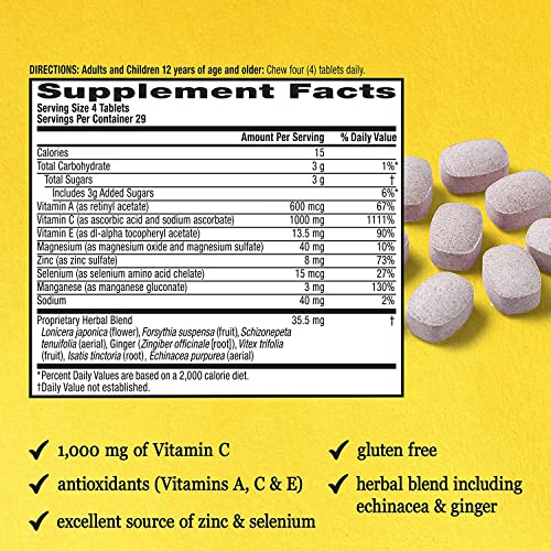 Image 3 of Airborne 1000mg Vitamin C  Zinc Immune Support Supplement Chewable Tablets, Very Berry & Citrus Flavor, 116 Count
