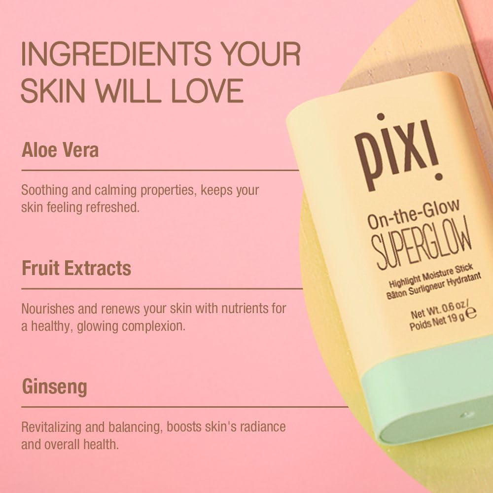 Pixi On-the-Glow SuperGlow | Shade GildedGold | Hydrating Highlighter Stick with Ginseng, Aloe Vera & Fruit Extracts | For Cheeks & Brow Bones | 19g / 0.6oz | Paraben-Free Luminous Natural Highlight