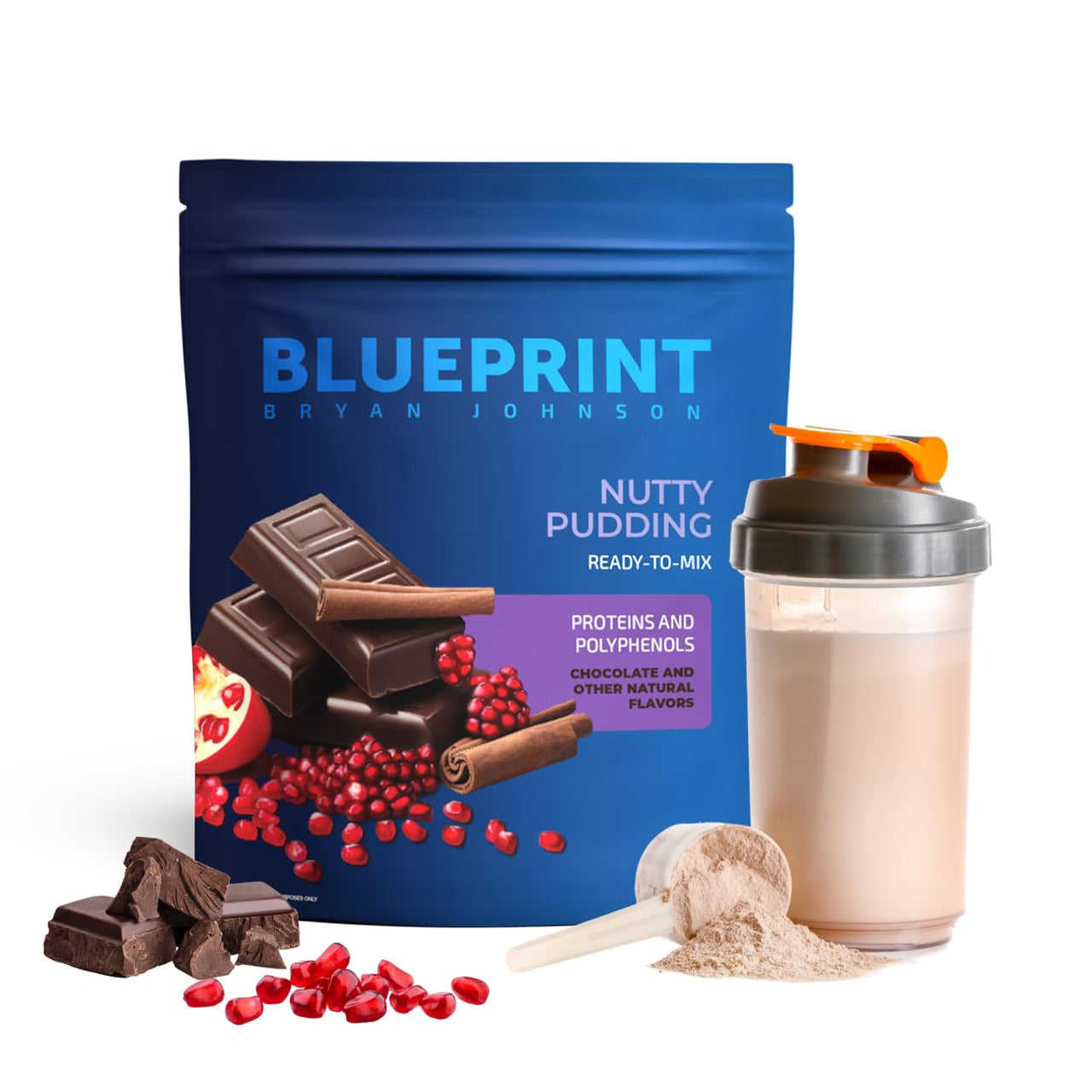 Blueprint Bryan Johnson Longevity Protein Nutty Pudding - 26g Plant Protein, Non Dairy, 100% Pure Cocoa Powder - Grape Seed Extract - 7.5% Flavanols - Heavy Metal Tested - Vegan, Keto (30 Servings)
