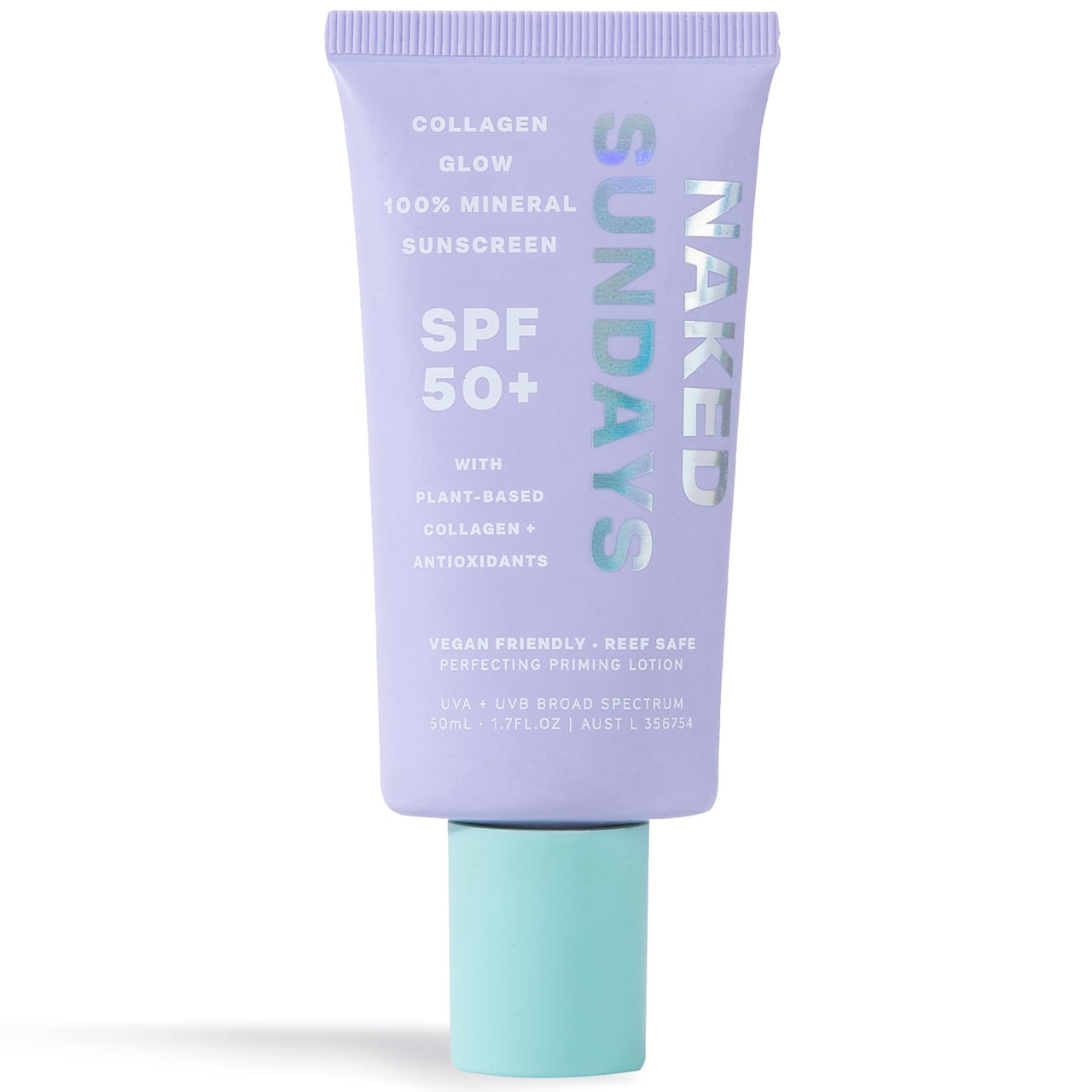 Naked Sundays SPF 50+ Daily Facial Moisturizer, All-in-one 100% Mineral Sunscreen, Face Lotion, Makeup Primer with Vegan Collagen with Broad Spectrum + Zinc Oxide, 50ml