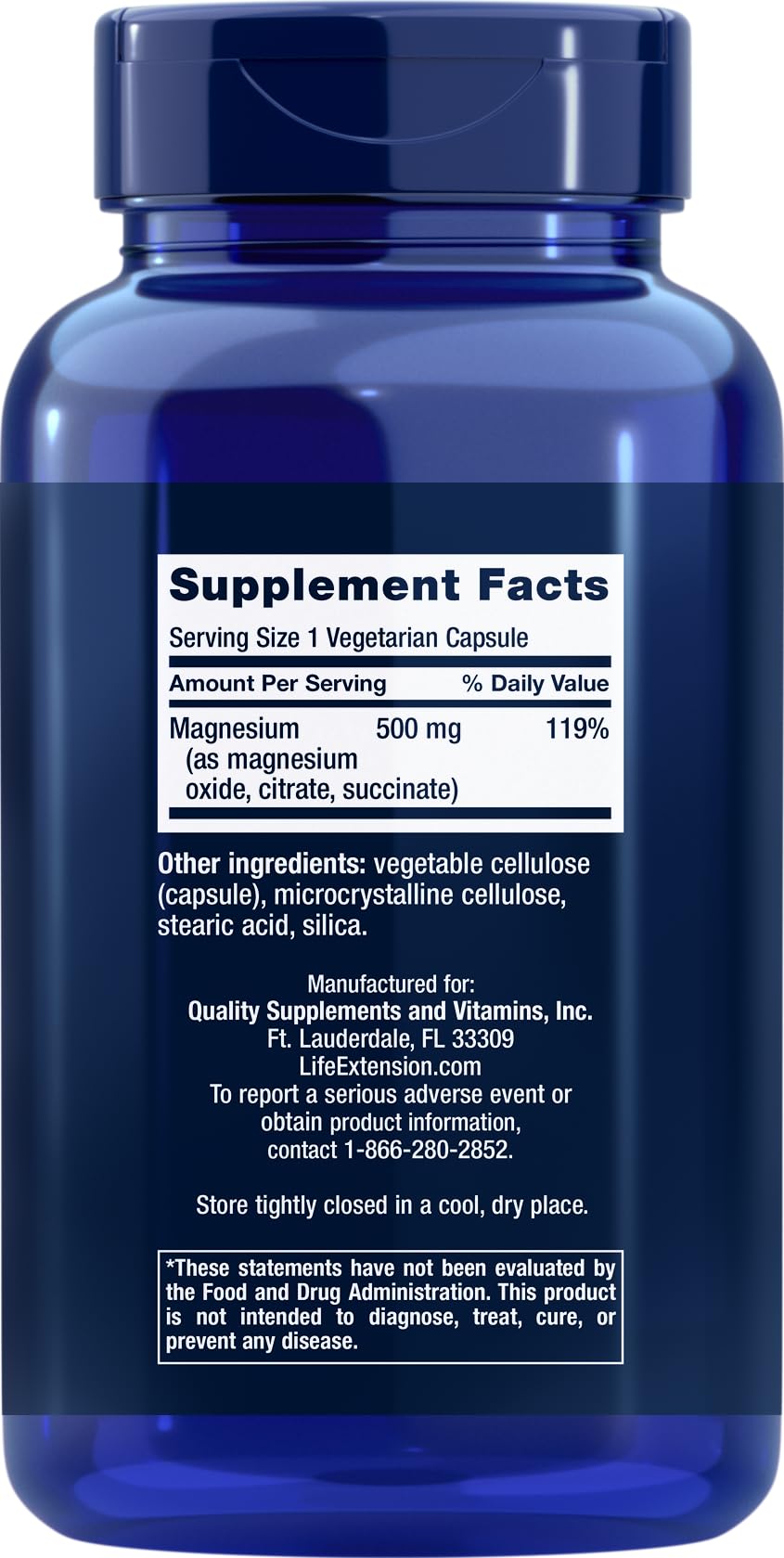 Life Extension Magnesium Caps 500mg, 270 Veg Capsules - Broad Spectrum - 3 Mags in 1 Supplement: Oxide, Citrate, Succinate - Vegetarian