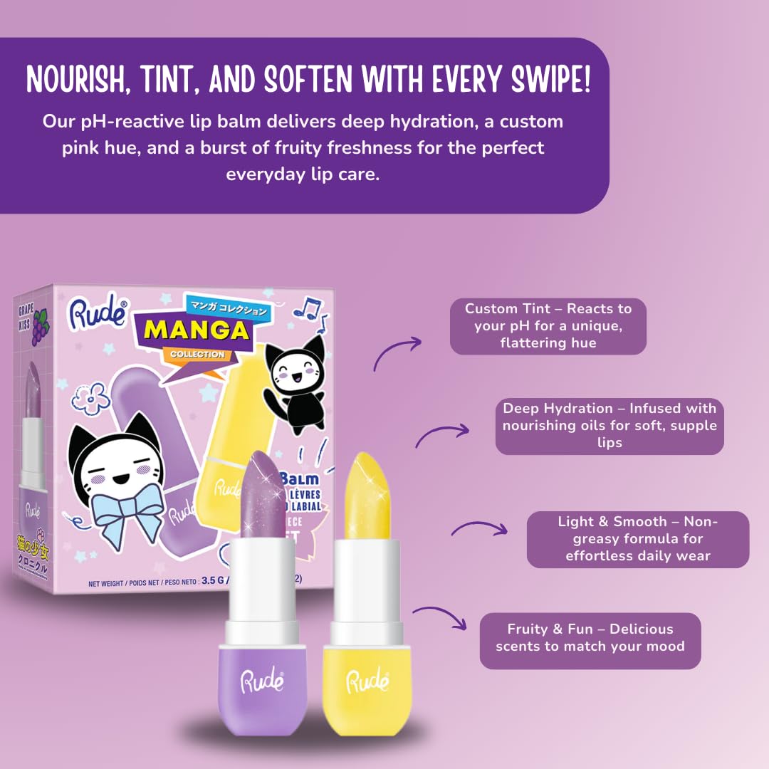 Rude Cosmetics Lip Balm Hydrating, Nourishing Lipbalm Set for Women, Lip Moisturizer for Dry Cracked Lips, Vegan & Cruelty-Free, Manga Collection/Grape & Pineapple