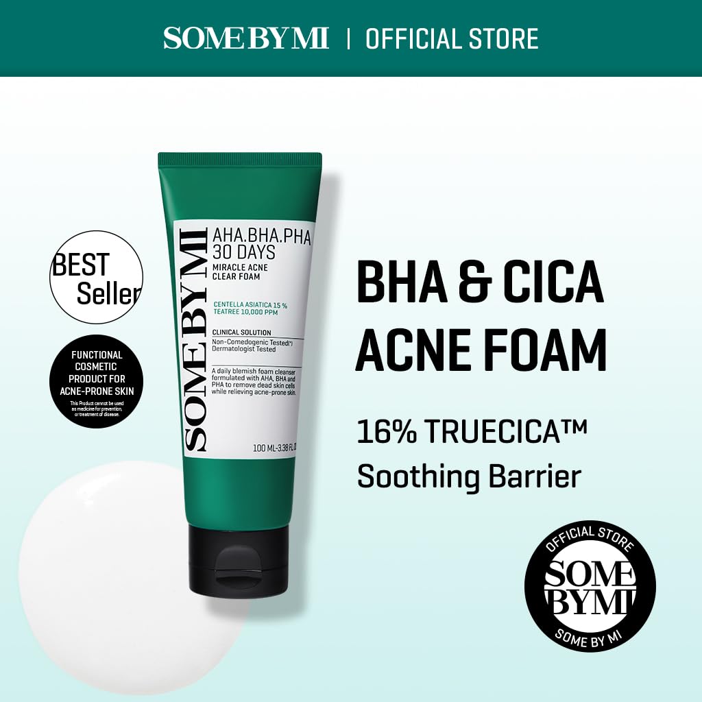 SOME BY MI AHA BHA PHA 30 Days Miracle Acne Clear Foam + Toner - 3.38Oz+5.07Oz - Made from Tea Tree Leaf for Sensitive Skin - Daily Face Wash and Toner for Sebum and Dead Cells - Korean Skin Care
