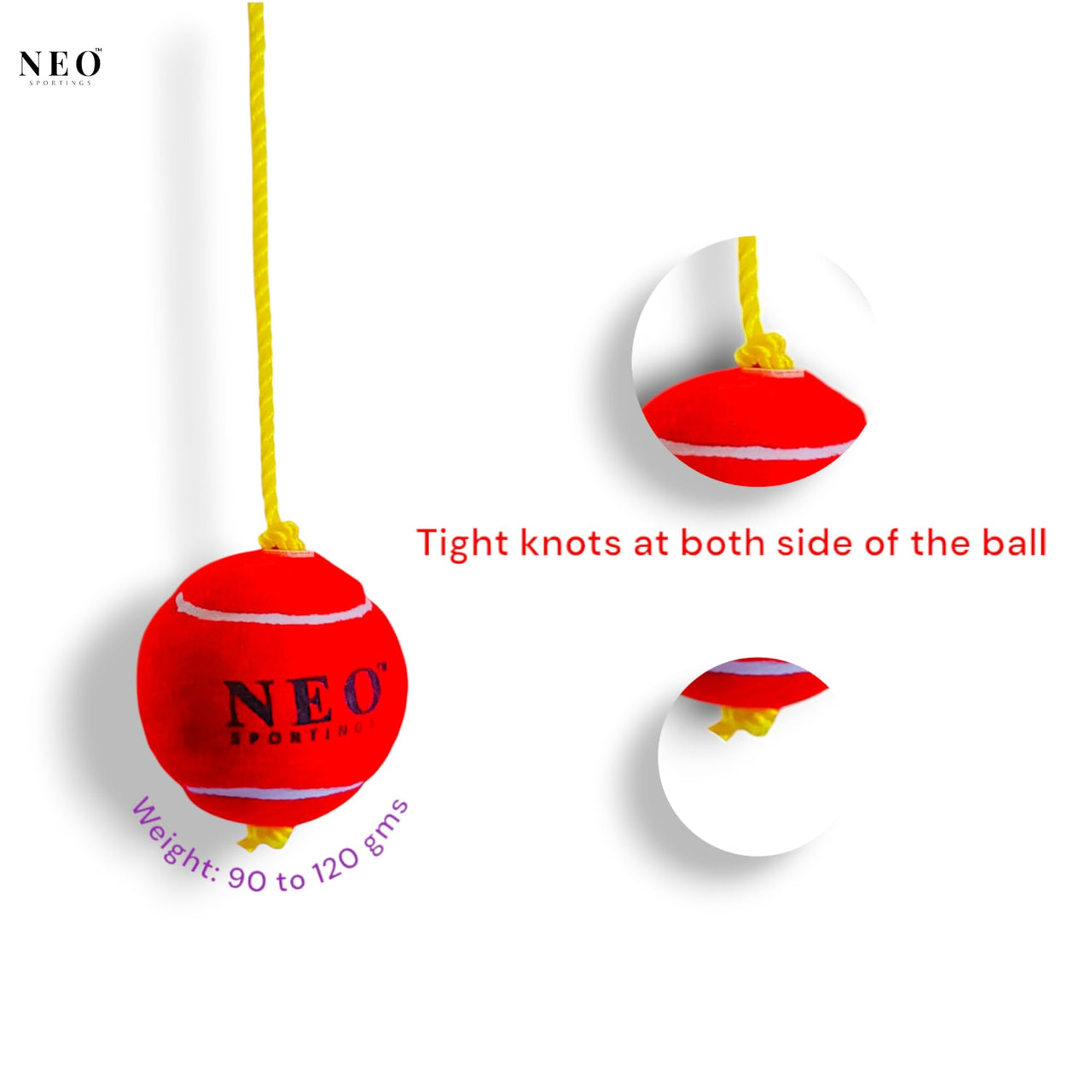 Neo Sportings Training/Playing/Hanging Ball with 3 Meter Nylon Rope, for Practice and Drill, Cricket/Baseball/Pet Toy, Red Colour (1)