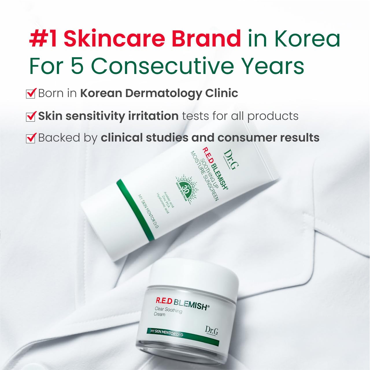 Dr. G R.E.D. Blemish Clear Soothing Cream - Calming Korean Moisturizer for Redness - Soothes Acne & Irritation - With Centella Asiatica - Long-Lasting Hydration - 2.36 fl oz