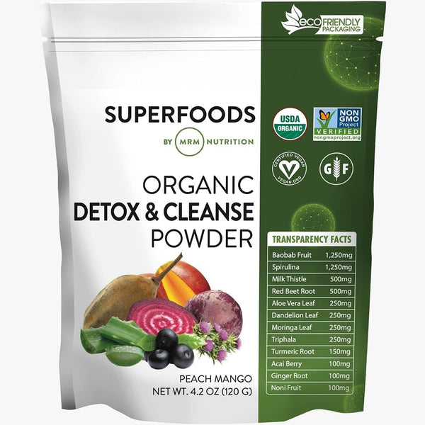 MRM Organic Detox and Cleanse Powder - For Women & Men - Daily Drink Mix with Superfoods, Antioxidants, Chlorophyll, Phycocyanin, Vegan, Organic, Gluten-Free, Peach Mango Flavor - 15 Servings