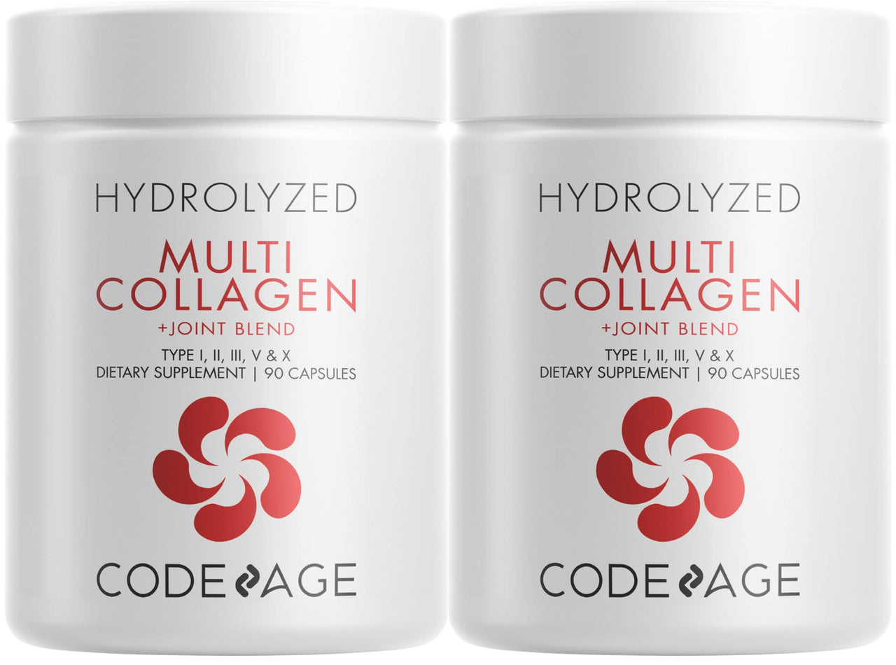 Codeage Multi Collagen Protein + Joint Blend Supplement, Hyaluronic Acid, Bromelain, Turmeric, Ginger Boswellia, Hydrolyzed - 5 Types of Collagen All-in-One, Joints & Bones Support, 2 Pack