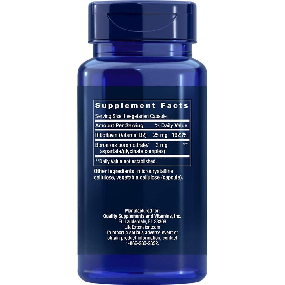 Life Extension Boron 3 mg, Vitamin B2, Supports Healthy Bones, Optimal Bone Metabolism, Immune Function, Nervous System Health, Gluten Free, Non-GMO, Vegetarian, 100 Capsules