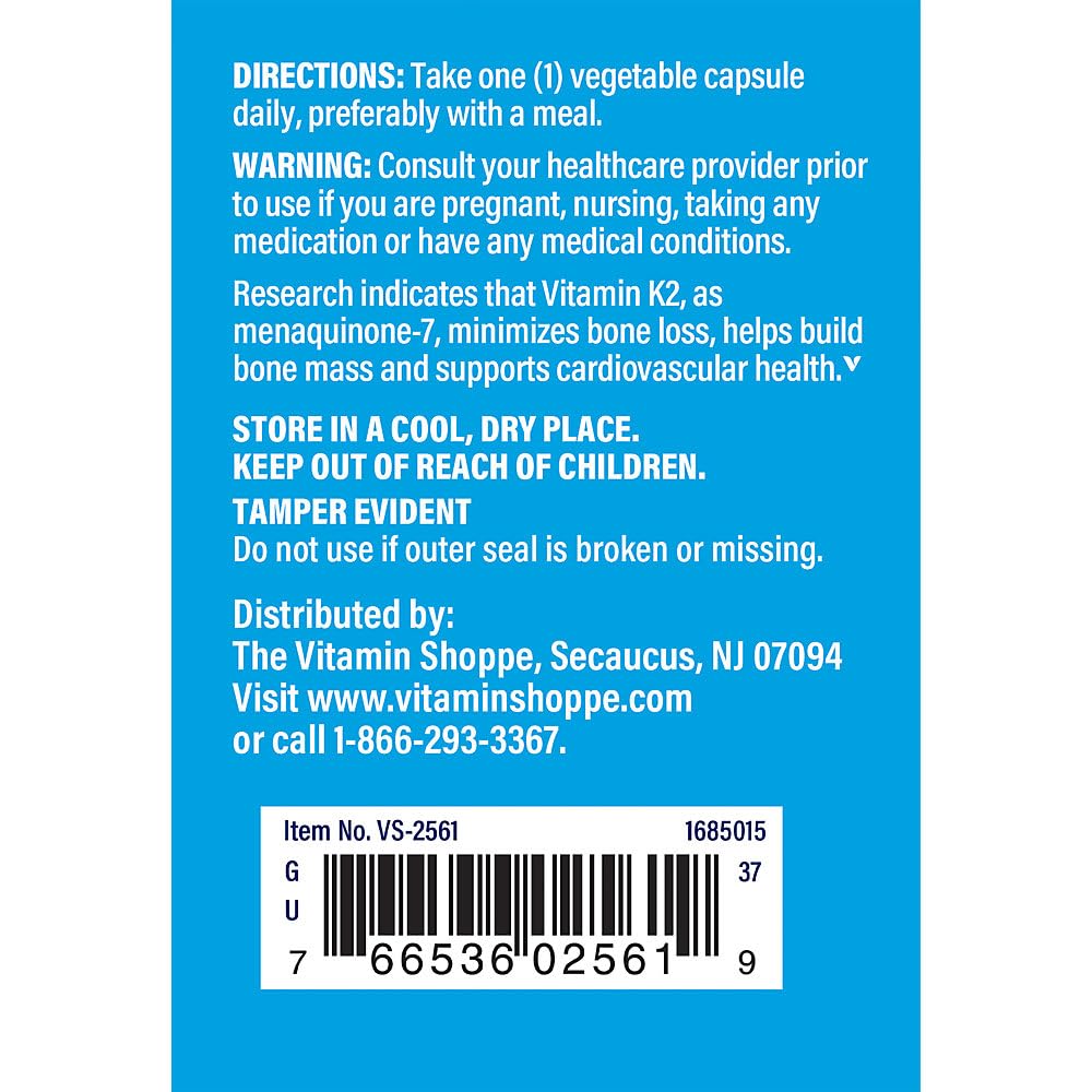 The Vitamin Shoppe Vitamin K2 MK-7 100 MCG - Bone Density & Arterial Health | Menaquinone-7 | 60 Capsules | Vegan