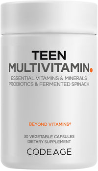 Thumbnail for Codeage Teen Multivitamin - Vitamins A, C, D3, B6, B12, Folate, Zinc, Magnesium, Iron, Probiotics, Fermented Spinach - Multivitamins for Teenage Boys and Girls - Non-GMO, Gluten-Free - 30 Capsules