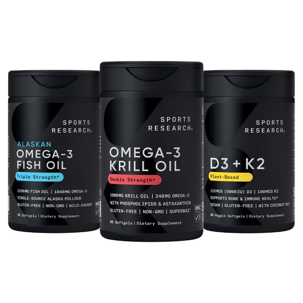 Sports Research® Antarctic Krill Oil Omega 3 1000mg (Double Strength) with Phospholipids, Choline & Astaxanthin, Triple Strength Omega 3 Fish Oil Single-Source Wild Alaska Pollock 1250mg, Vitamin D3 K
