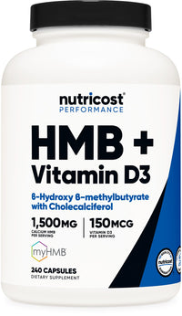 Thumbnail for Nutricost HMB (1500mg) and Vitamin D3 (6000 IU) Supplement - 240 Capsules, 80 Servings - Gluten Free and Non-GMO