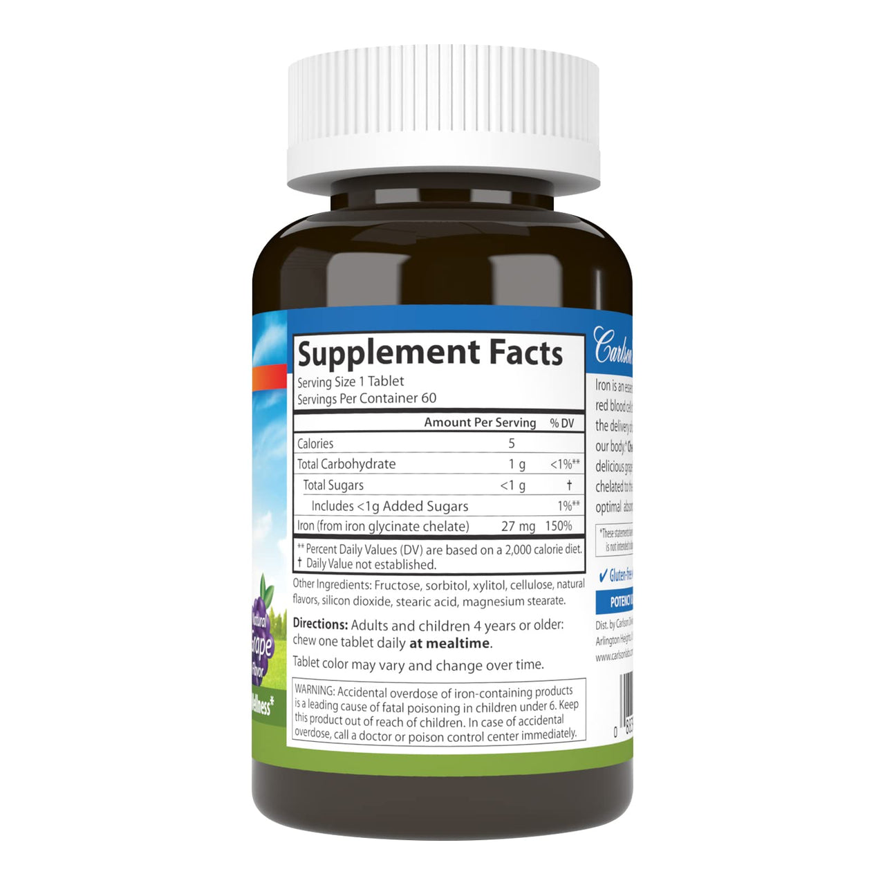 Carlson - Chewable Iron, 27 mg - Superior Absorption, Blood Health, Energy Production & Optimal Wellness, Grape, 60 tablets