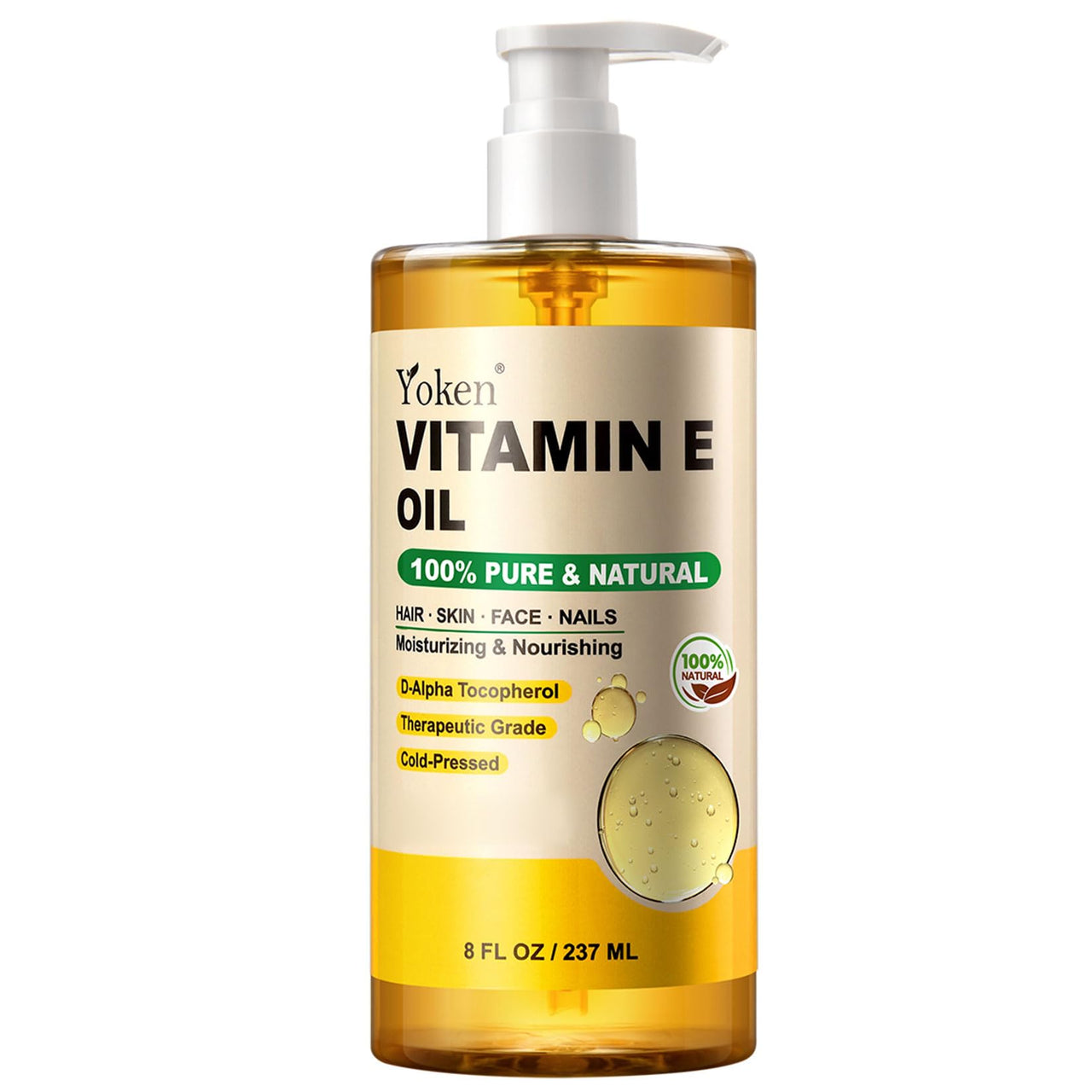 Yoken Vitamin E Oil 8 Fl Oz Organic Vitamin E oil for Skin Vitamine oils for Scars Hair,Face,Nail,Scalp Perfect Bath and Body Oil Cold Pressed Hexane Free Non-GMO Gluten Free Formula